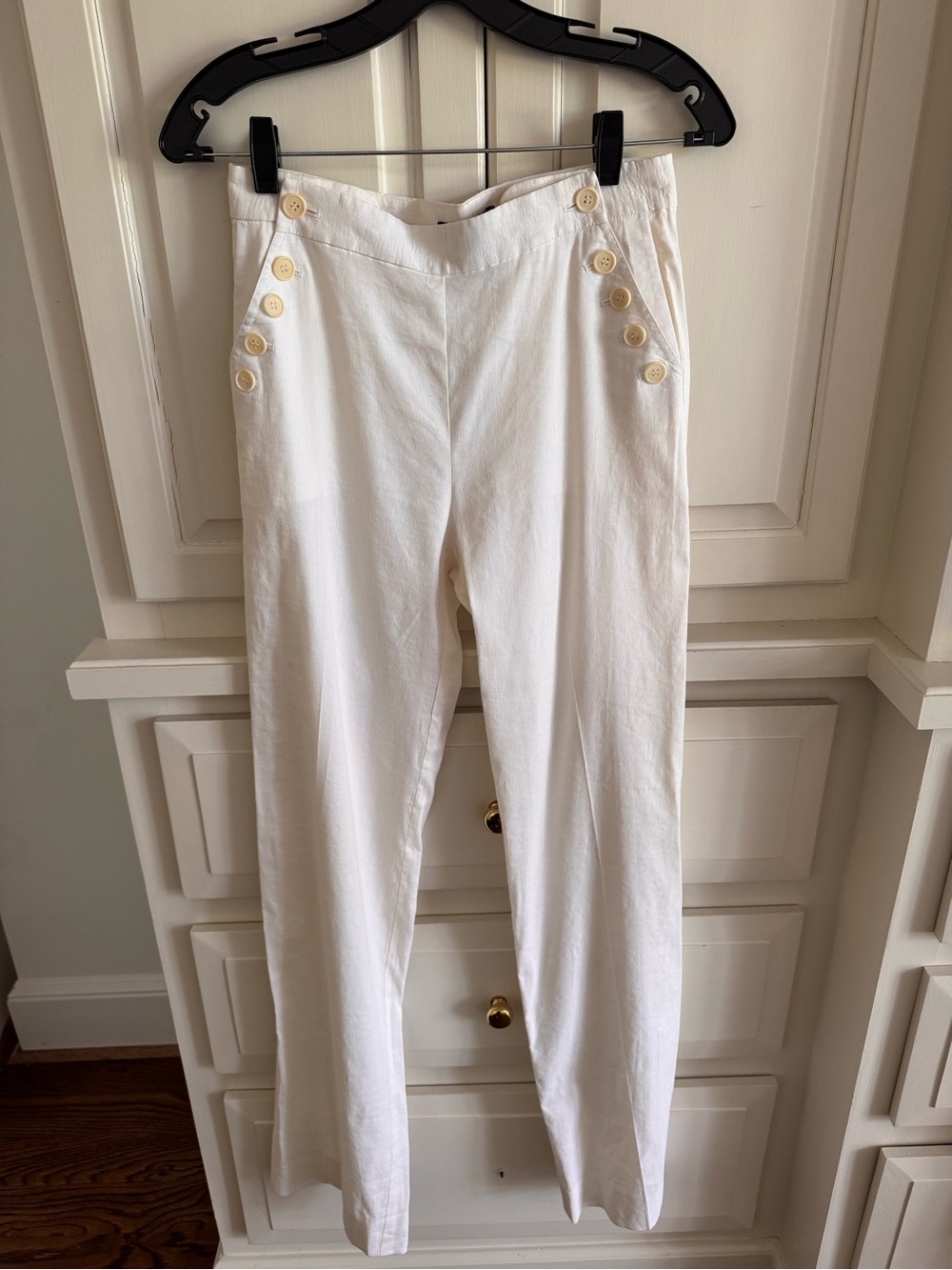 Theory White Linen Straight-Leg Sailor-Inspired Pants